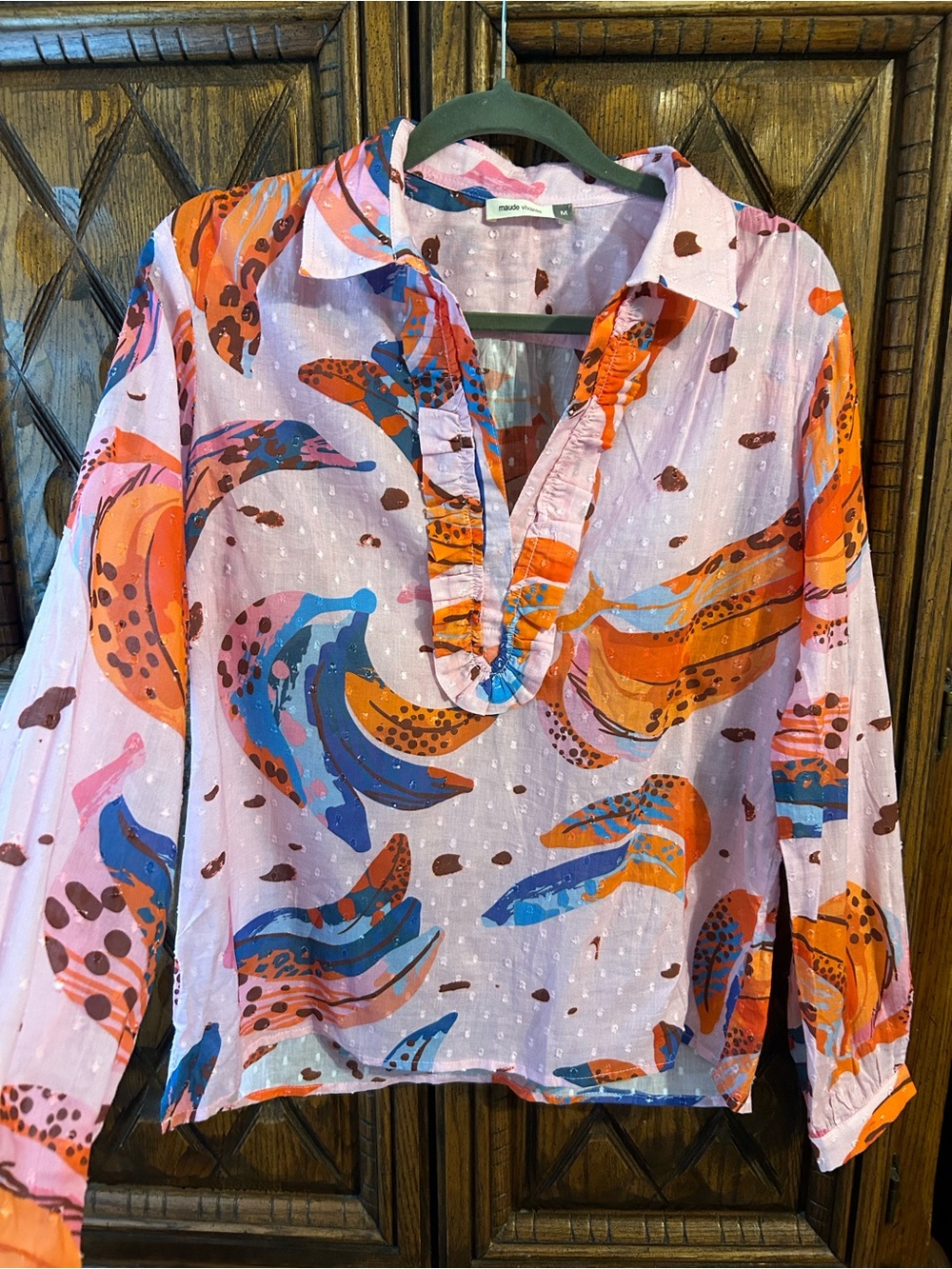 Women's Light Pink Abstract Ruffle-Trim Button Down Blouse